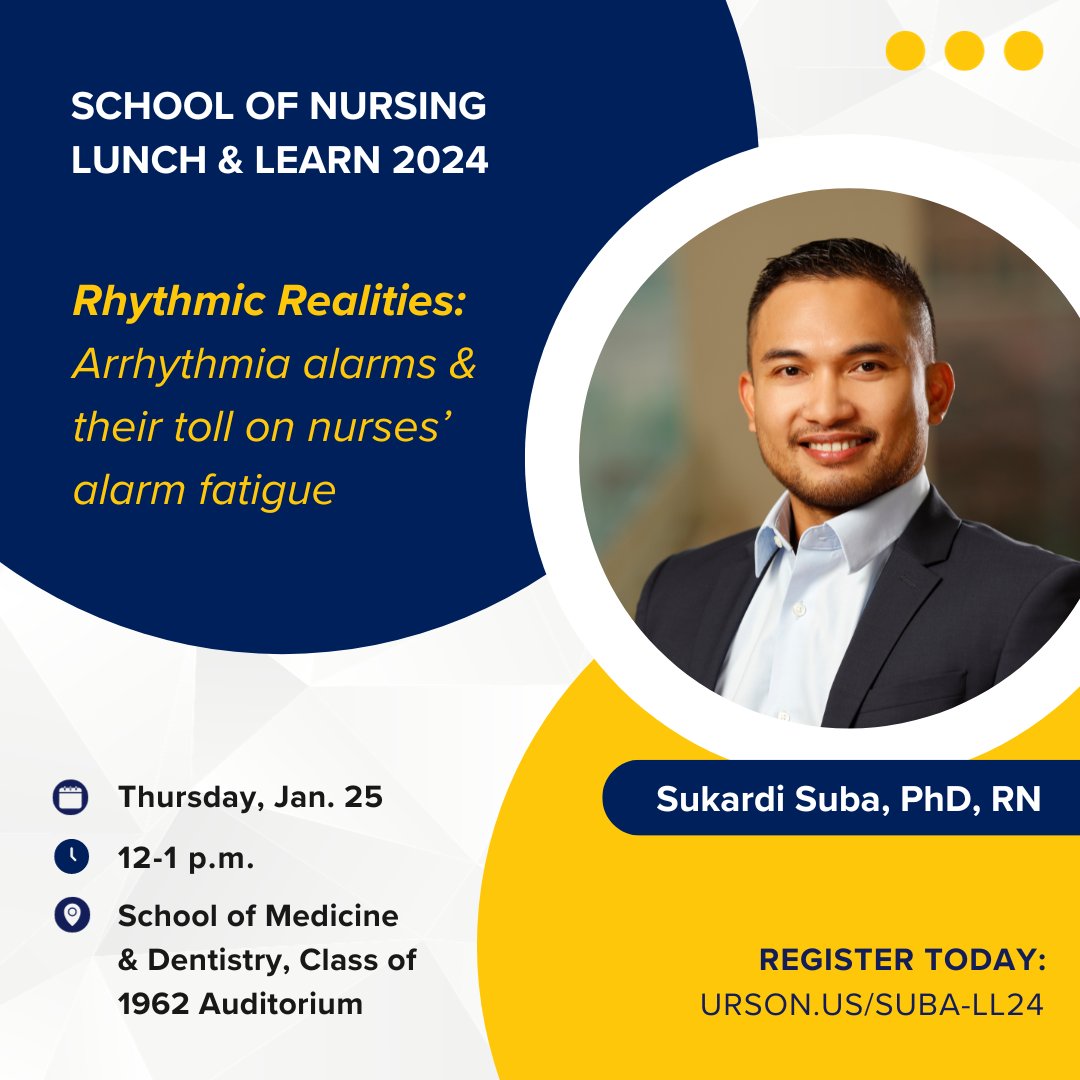URochester School of Nursing (@uofrson) on Twitter photo Our next Lunch & Learn, ๐๐๐ฎ๐ฉ๐๐ข๐๐ ๐๐๐๐ก๐๐ฉ๐๐๐จ, is tomorrow at noon. Dr. Sukardi Suba will share his research on arrhythmia alarms generated from ECG monitoring in adult ICU patients, and their impact on alarm fatigue among nurses. Sign up: urson.us/suba-ll24 Our next Lunch & Learn, ๐๐๐ฎ๐ฉ๐๐ข๐๐ ๐๐๐๐ก๐๐ฉ๐๐๐จ, is tomorrow at noon. Dr. Sukardi Suba will share his research on arrhythmia alarms generated from ECG monitoring in adult ICU patients, and their impact on alarm fatigue among nurses. Sign up: urson.us/suba-ll24