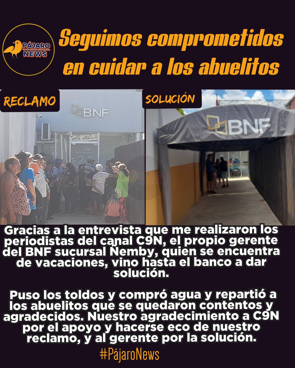 Gracias al gerente de la sucursal Ñemby del <a href="/BNF_Py/">BNF - Oficial</a> por darle solución.
Gracias <a href="/C9NParaguay/">C9N Paraguay</a> , <a href="/amaliacutillo85/">AMALIA CUTILLO</a> y <a href="/mmmongelos/">Marcelo Mongelós</a> por la nota y que nuestro reclamonsea escuchado.