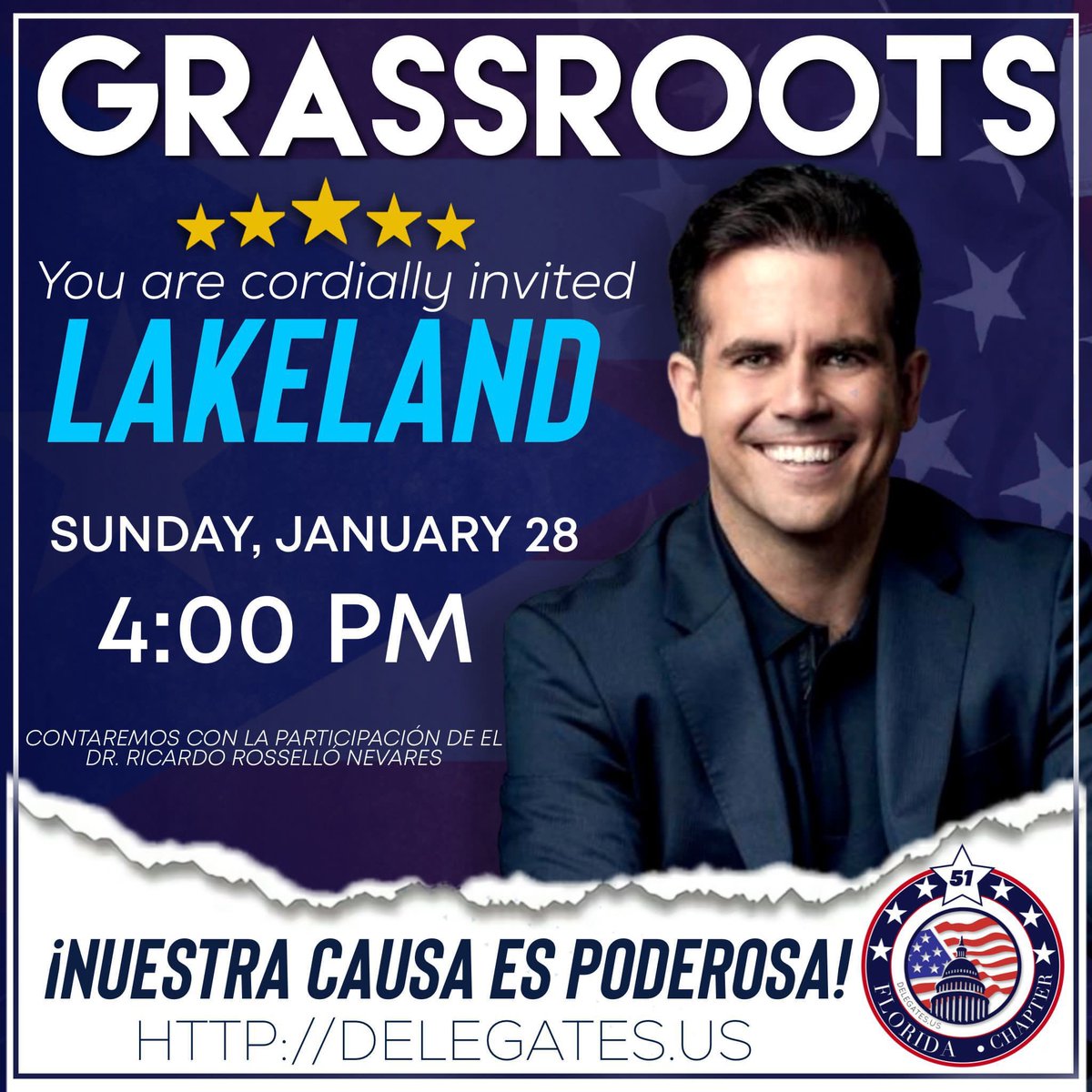 ¡Saludos! Este próximo Domingo 28 de Enero tendremos un Grassroot event en la ciudad de Lakeland, Fl. Interesados en participar, favor de enviar un correo electrónico a: statehoodprnow@outlook.com o llamar al 321-746-0882. ¡Los esperamos! #NuestraCausaEsPoderosa