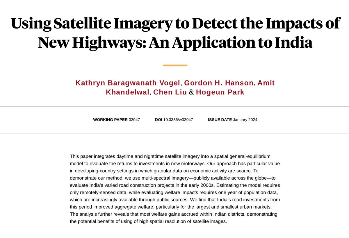 Yale Department of Economics (@yaleeconomics) on Twitter photo NEW in <a href="/nberpubs/">NBER</a> - Using Satellite Imagery to Detect the Impacts of New Highways: An Application to India
By <a href="/KathrynBaragwa/">Kathryn Baragwanath</a>, <a href="/gordon_h_hanson/">Gordon Hanson</a>, <a href="/akhandelwal8/">Amit Khandelwal</a>, Chen Liu, & <a href="/hogeunP/">Hogeun Park</a>: nber.org/papers/w32047 NEW in <a href="/nberpubs/">NBER</a> - Using Satellite Imagery to Detect the Impacts of New Highways: An Application to India
By <a href="/KathrynBaragwa/">Kathryn Baragwanath</a>, <a href="/gordon_h_hanson/">Gordon Hanson</a>, <a href="/akhandelwal8/">Amit Khandelwal</a>, Chen Liu, & <a href="/hogeunP/">Hogeun Park</a>: nber.org/papers/w32047