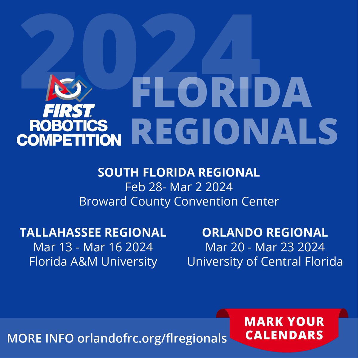 Exciting news for robotics enthusiasts in Florida! Mark your calendars for these three incredible FIRST Robotics Regionals: South Florida Regional: Feb 28 - Mar 2 Tallahassee Regional: Mar 13-16 Orlando Regional: Mar 20-23 #OMGRobots #OrlandoFRC #FIRSTRobotics #FIRSTinFlorida