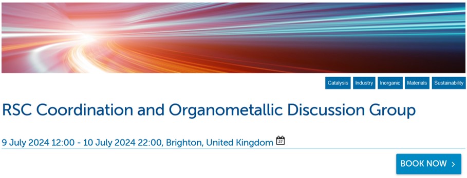 The 2024 meeting of the @RoySocChem Coordination and Organometallic Discussion Group will be held at the University of Sussex on July 9/10. Full details: rsc.org/events/detail/… All welcome! #organometallics #coordchem @ChemistrySussex