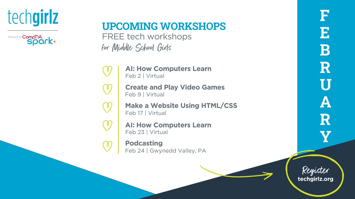 Join us for these amazing FREE workshops designed to empower and inspire middle school girls in the world of #tech ✨ 🚀 Open to middle school girls, including those who identify as girls 👩‍💻 Register here: bit.ly/48V2hTS