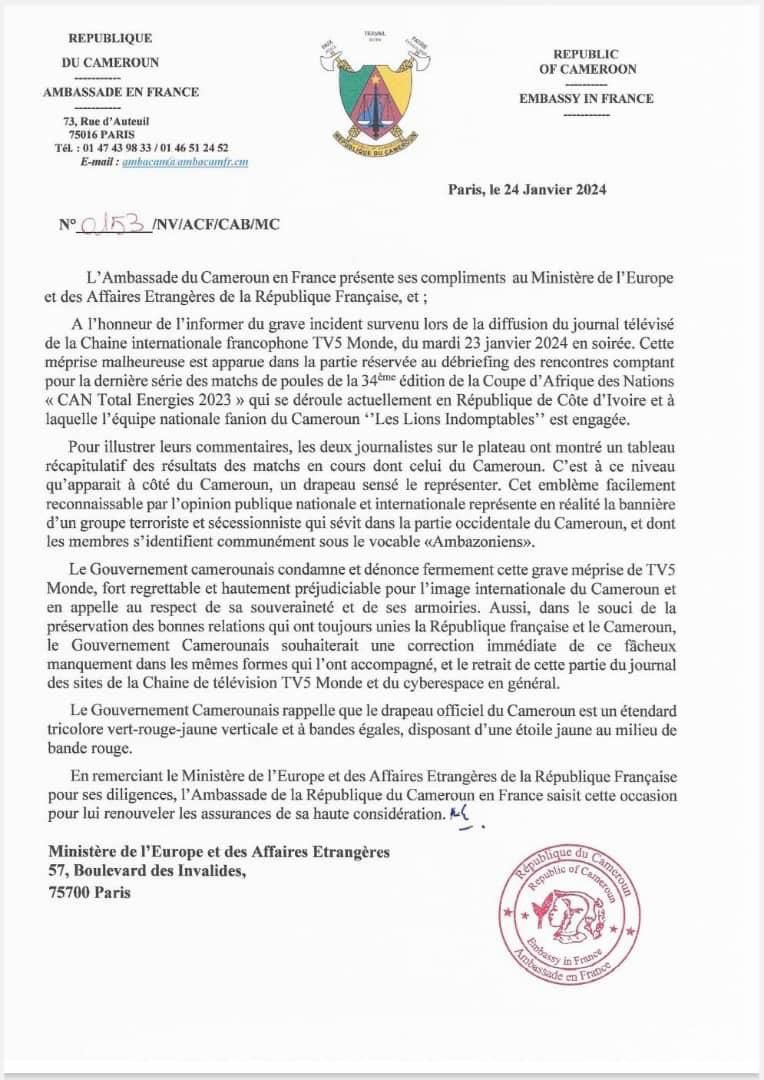 MarkBareta's tweet photo. God works in mysterious ways. The signs are there. #Ambazonia will be free.  TV Monde broadcast the match between Cameroun and Gambia and instead of using Cameroun flag, the TV station used Amba flag. Now #Cameroon Ambassador to France and other diplomatic circles are in a meltdown. What will be will be