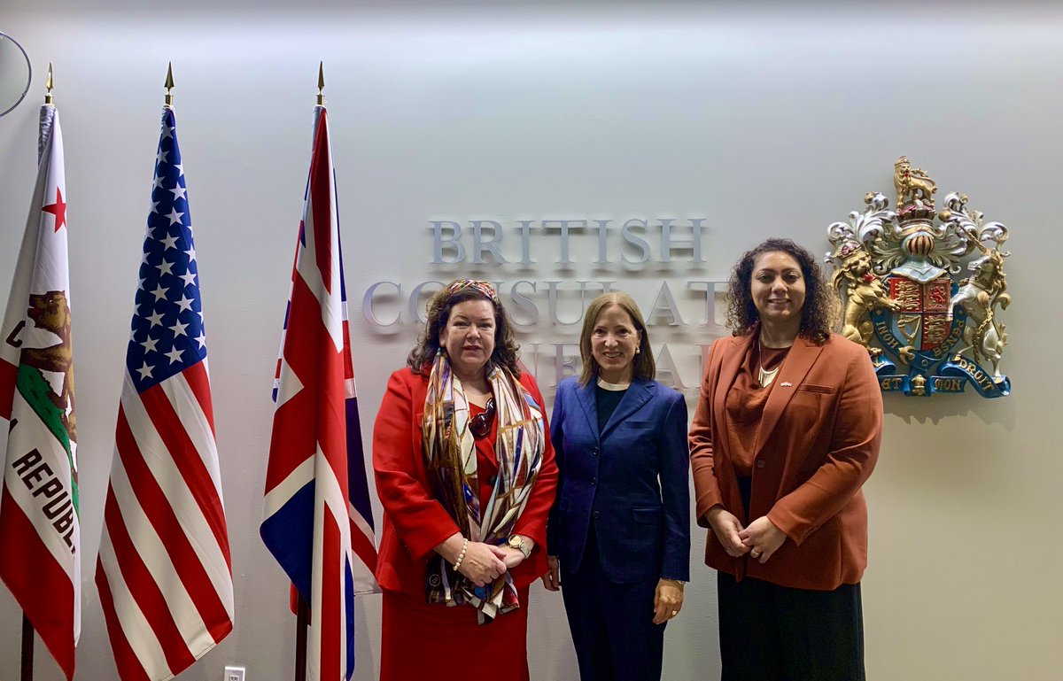 Yesterday, Ambassador @KarenPierceUK met with @CALtGovernor @EleniForCA to discuss key areas for UK-CA cooperation including climate and AI. Whether in regulating AVs, online safety, or carbon emissions, we look to – and work with – CA to raise the bar on what’s possible.