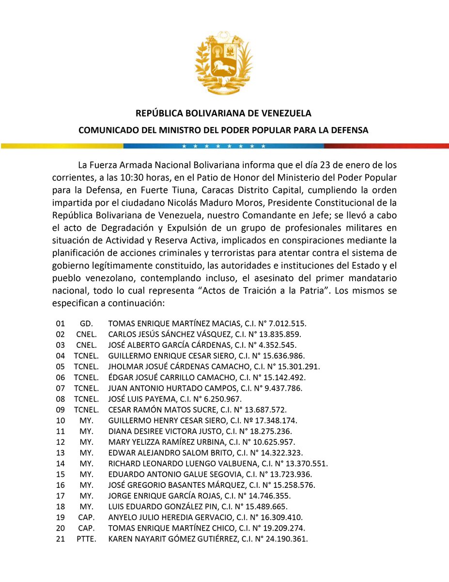 PrensaFANB's tweet photo. #24Ene || Comunicado Oficial del MPPD con motivo a Acto de degradación y expulsión de profesionales militares de la FANB. 
Enlace: https://t.co/YDMI3Lu8dA
#FANB #mppd #FuriaBolivarianaActiva 🇻🇪 #Venezuela https://t.co/RmLQTpPV1u