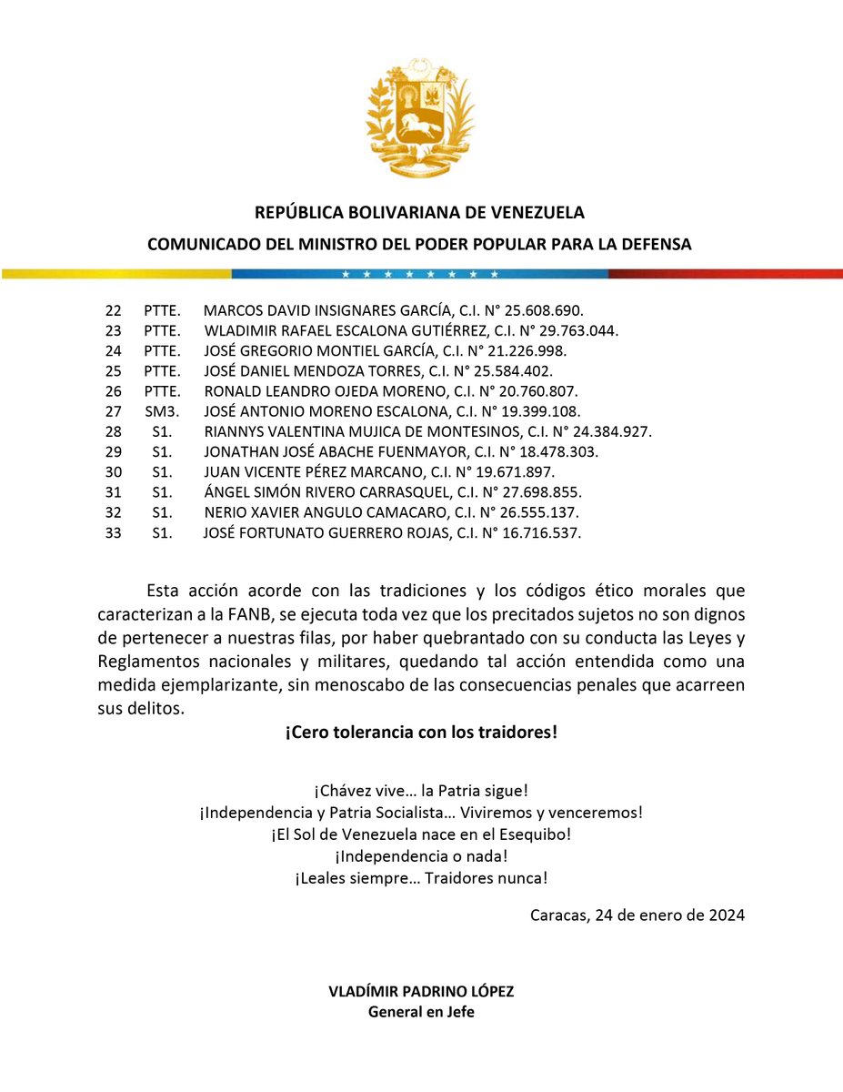 #24Ene || Comunicado Oficial del MPPD con motivo a Acto de degradación y expulsión de profesionales militares de la FANB. 
Enlace: acortar.link/8RlYfk
#FANB #mppd #FuriaBolivarianaActiva 🇻🇪 #Venezuela