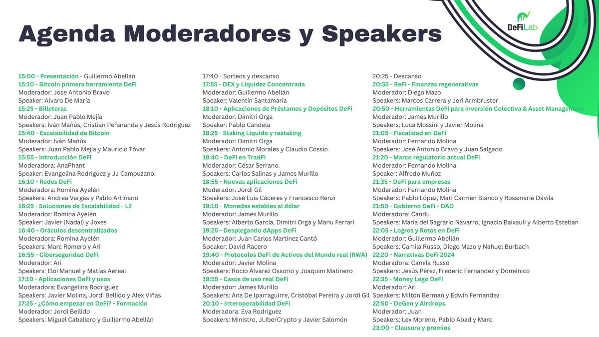 DeFi_LaB's tweet photo. Aquí tienes la agenda actualizada para seguir todo el evento con mas de 70 speakers, 30 paneles, sorteos de 5 premios y sorteos de POAP. https://t.co/ybcnkN3l8E