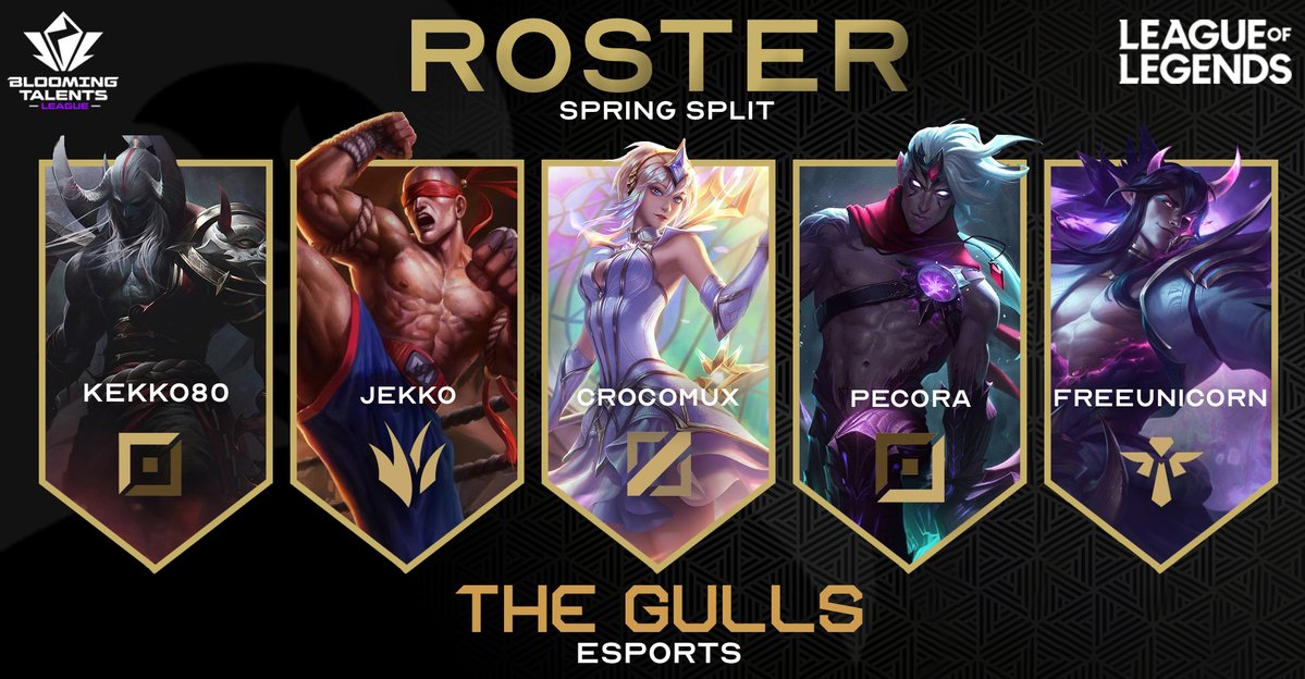 Finalmente vi presentiamo il nostro nuovo roster per Blooming Talent League by <a href="/QLASH_Events/">QLASH Eventi 🇮🇹</a>  !💪

TOP - <a href="/kekko80lol/">Francesco Pio Palermo</a>
JNG - <a href="/J3kko1/">J3kko</a> 
MID - <a href="/crocomux/">Crocomux</a>  
ADC - <a href="/PecoraInside/">Pecora</a> 
SUP - <a href="/FreeUnicorno/">FreeUnicorn</a>

HC - Rickju <a href="/Rickju100/">Ricardo Fúnez Muñoz</a>
AC - Samba <a href="/lv_Samba/">Samba</a>

SUB - <a href="/ZioGroudon111/">Alessio Pacini</a>
SUB - <a href="/Origini9/">Origini</a>
SUB -