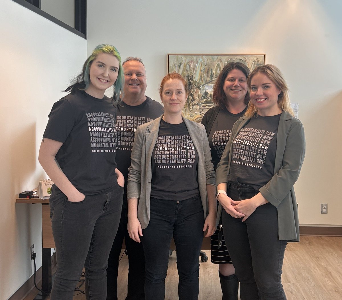 laine_johnson1's tweet photo. I was proud to gift my #CollegeWard team these @WomenofOntarioSayNo tee shirts, which lend support for holding municipal councillors accountable for workplace harassment and sexual abuse. https://t.co/gJqnMwhn0e