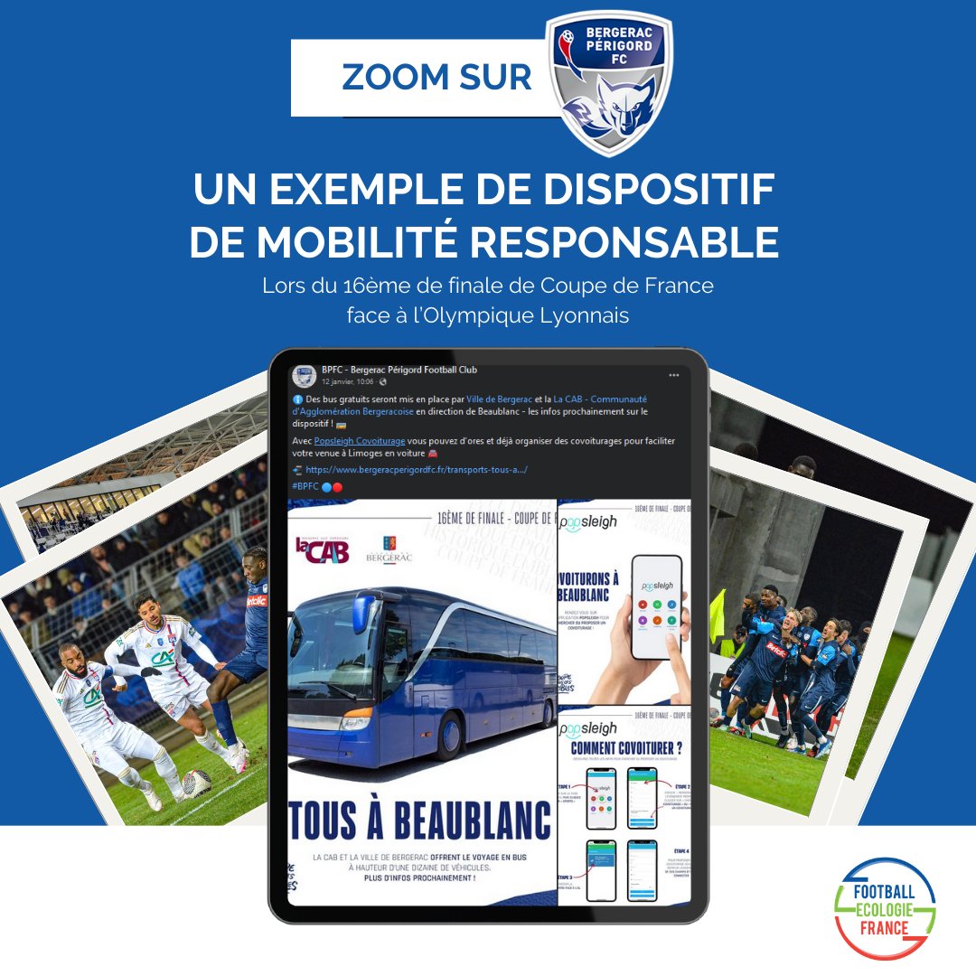 Félicitations à notre adhérent <a href="/BPFC24/">Bergerac Périgord Football Club ⚽️</a> pour son parcours en <a href="/coupedefrance/">Хамидов Мехродж</a> et son dispositif de mobilité responsable pour affronter l'<a href="/OL/">Olympique Lyonnais</a> : 
Bus gratuits et mise en avant du covoiturage via #Popsleigh pour assurer le déplacement des supporters à Limoges🌱⚽️ 
#TousEcoSupporters