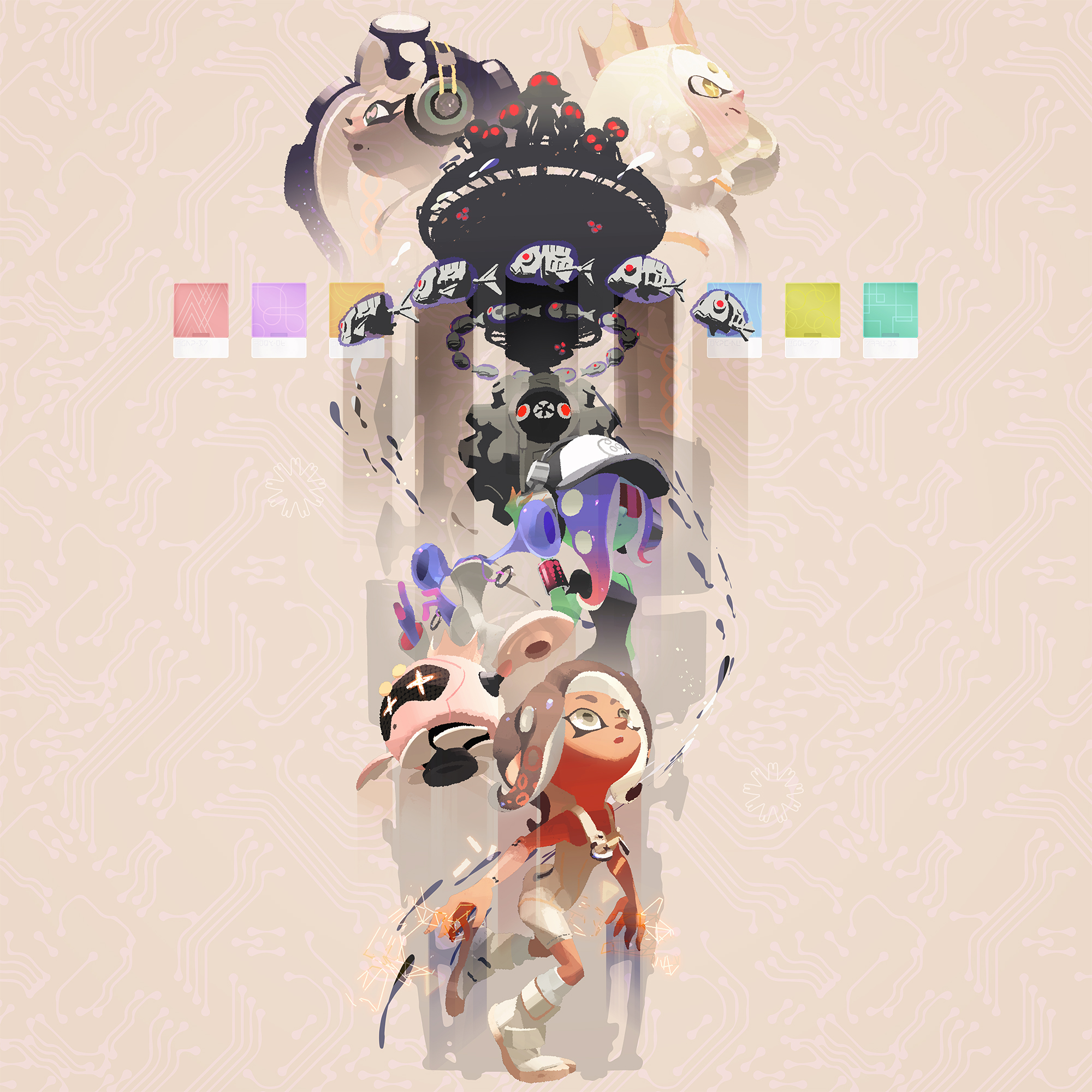 An art piece of various Splatoon characters under a central dark pillar.