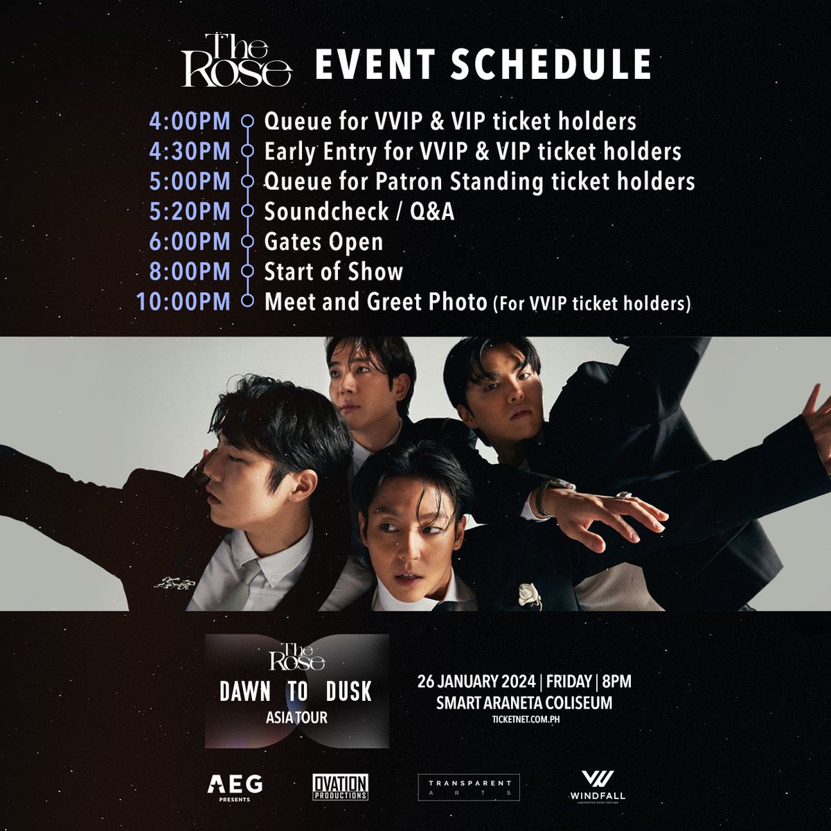 Black Roses! Check out the Event Map and Schedule for The Rose Dawn To Dusk Asia Tour in Manila happening this Friday!  
 
 For VVIP and VIP ticket holders, guidelines will be sent directly to your email.
