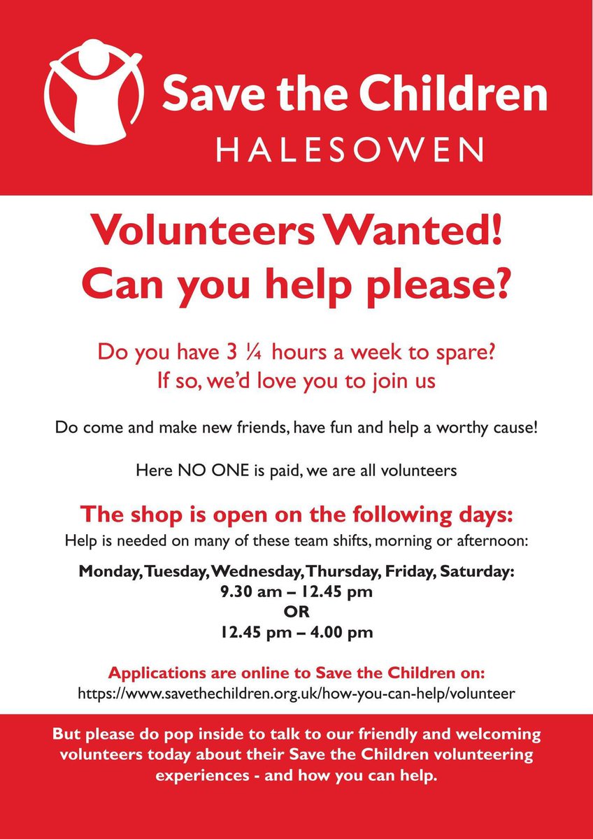 Do you have 3 1/4 hours spare to volunteer in the #Halesowen Save the Children shop on a Saturday morning or afternoon?

#Volunteering brings with it a lot of benefits: confidence, improved mental health, retail skills...

To apply please visit: savethechildren.org.uk/how-you-can-he…