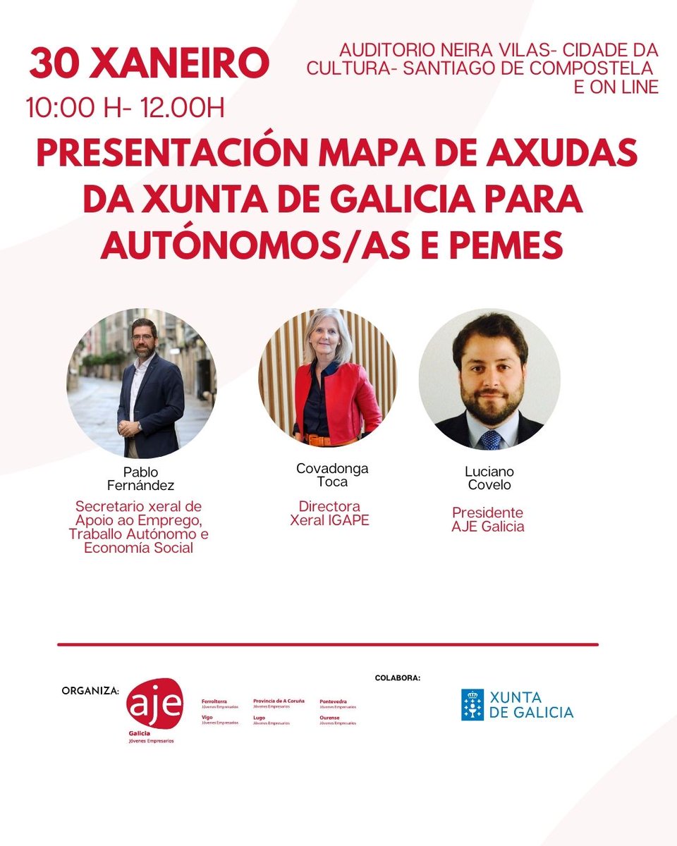Descubre todas as #axudas para Autónomos/as e Pemes que ofertan a <a href="/Xunta/">Xunta de Galicia</a>, <a href="/empregogal/">Emprego, Comercio e Emigración</a> e <a href="/IgapeXunta/">Igape - Instituto Galego de Promoción Económica</a>.
Xornada na que poderás asistir presencialmente ou online.
🗓 30 Xaneiro
🕑 10:00-12:00
📌Auditorio Neira Vilas-Cidade da Cultura, Santiago de Compostela
👉 bit.ly/4b7DAFS