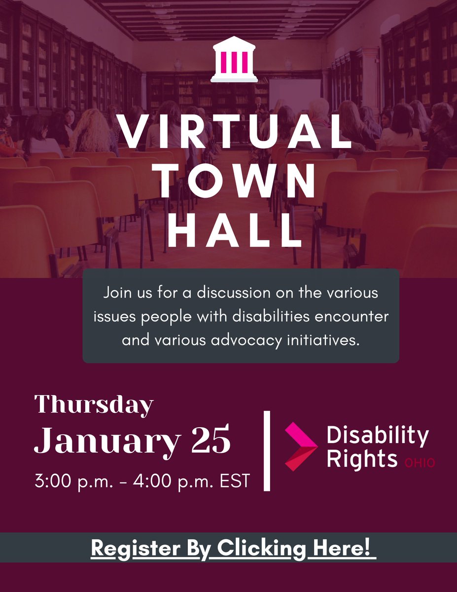 Today is the last day to sign up for our Virtual Townhall, happening TOMORROW! You will not want to miss these important advocacy updates, and the chance to get connected with the needs of the disabled community here in Ohio. Register here: bit.ly/3v3vJse #Advocacy