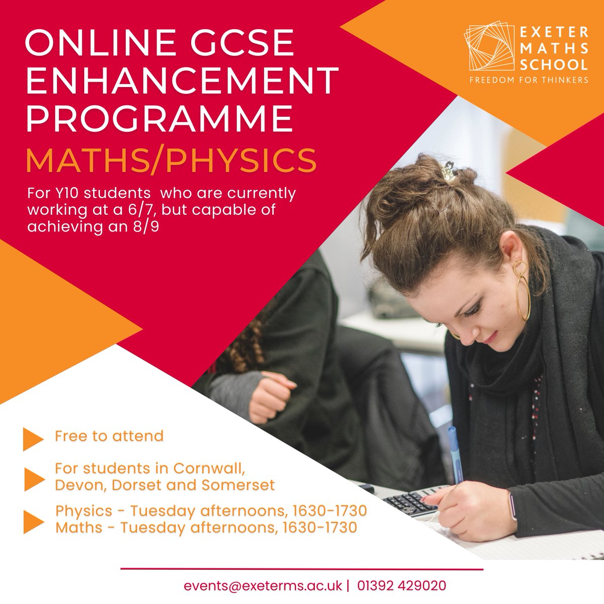 📢Calling all Y10 students in the South West 👉If you're working at a 6/7, but are capable of achieving an 8/9 in Maths or Physics, our online GCSE Enhancement programme, could be right for you ✅Speak with your teacher, or get in touch to find out more: events@exeterms.ac.uk