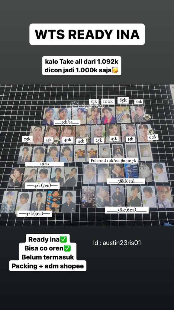 bilionarejj's tweet photo. ‼️HELP RT WTS/WANT TO SALE‼️
photocard bts Ina 
Pc bts dicon taehyung jungkook jimin Jhope rm suga jin, mpc dalamajung rpc jungkook proof pc suga dvd sowonzoo rpc jimin deco kit postcard dll 
 Bisa satuan 

Dom belasi
🍊+Freong 
‼️- Adm+packing
CONDI?DM AJA 
wtb wts wtt https://t.co/GWL1pm3j6W