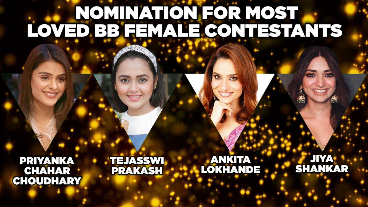 NOMINATION FOR MOST LOVED BB FEMALE CONTESTANTS
#PriyankaChaharChoudhary with #TejasswiPrakash with #AnkitaLokahande & #JiyaShankar 
(#PriyAnkit & #TejRan & #JiyaKeJabaaz)