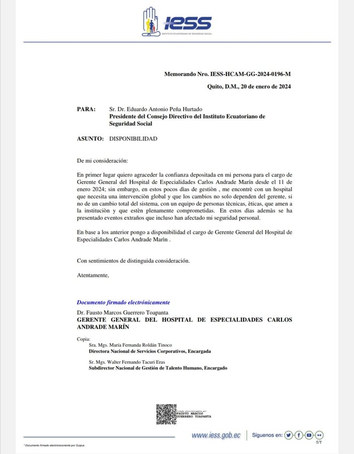 EcuaNoti's tweet photo. El gerente del hospital del @IESSec Carlos Andrade Marín renunció a su cargo por "eventos extraños que incluso han afectado mi seguridad personal". #Quito https://t.co/HgDB9UQyqx