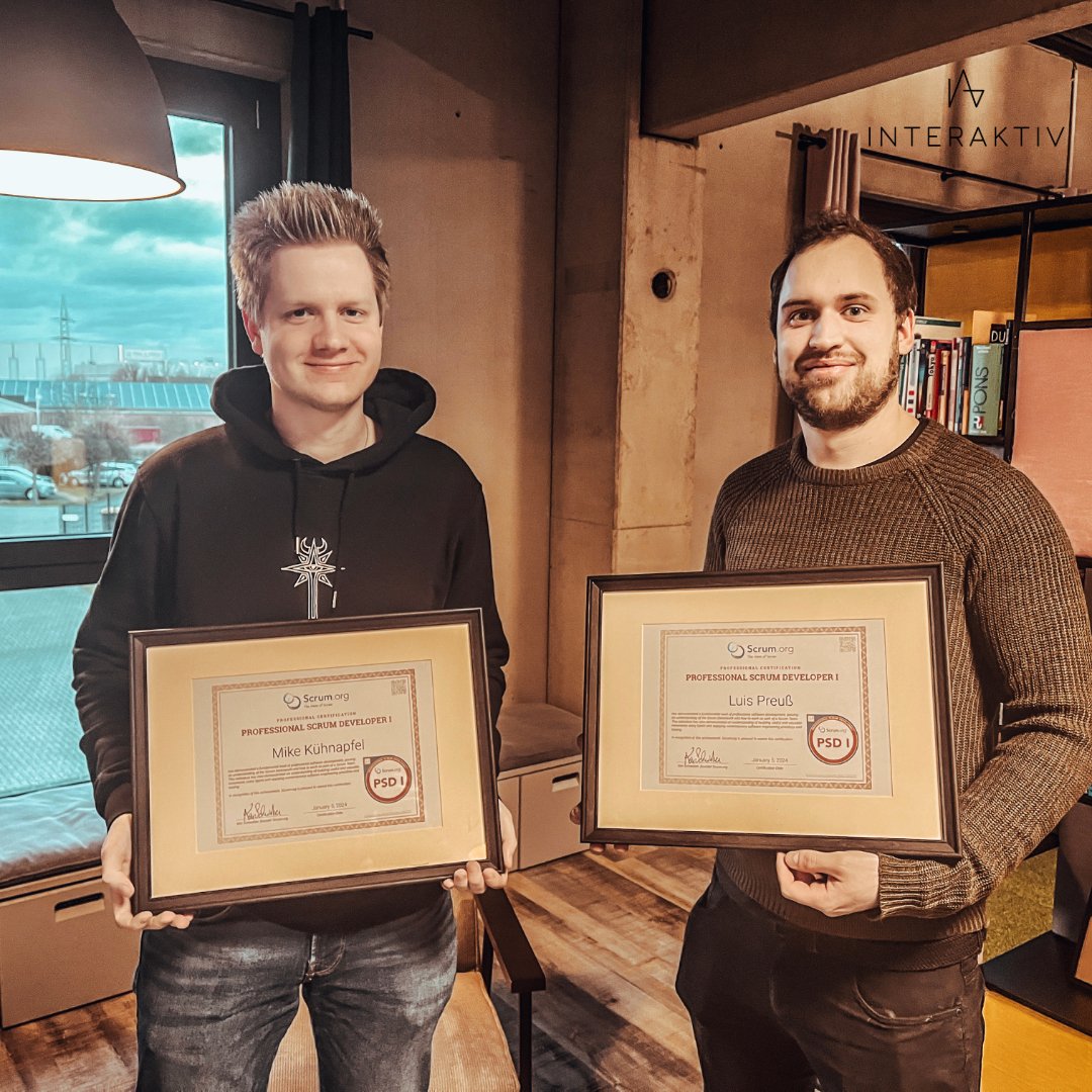 InteraktivKoeln's tweet photo. Doppelter Grund zum Feiern im #TeamInteraktiv! 🌟 Unsere Azubis Mike & Luis haben die harte Scrum-Prüfung bestanden und sind jetzt offiziell Teil unseres Scrum Developer Teams! 💪🚀 Glückwunsch euch beiden!!! #Scrum #ProfessionalScrumDeveloper #PSD https://t.co/ZhHtzgp8g9