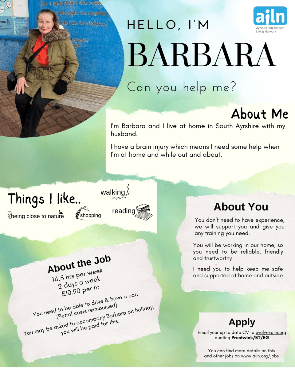 Say hi to Barbara! Barbara is looking for someone to help her to get out & about safely, & at home. You can find more by emailing evelyn@ailn.org @SDSScot @sahscp @J_SouthAyrshire @SelfDirectedSup @TAyrshireCT @AyrshireColl @skillsdevscot @WestCollScot
