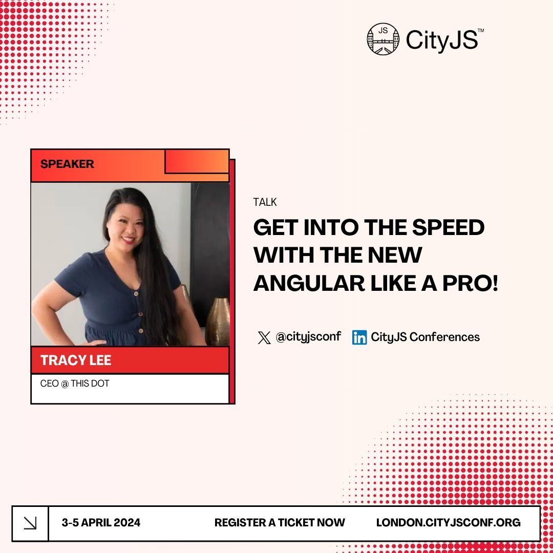 Want to get into speed with new @angular like a Pro 🚀, then you need to attend the talk by @ladyleet from @ThisDotLabs at #CityJSLondon Find out what is new and get back on track ! Get your ticket 🎟️ now london.cityjsconf.org