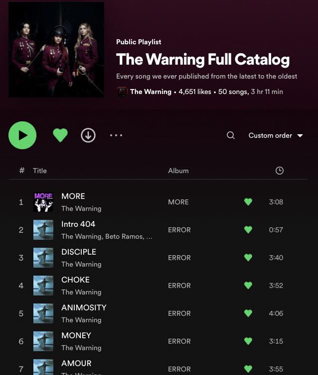 TheWarningAust's tweet photo. Listen to @TheWarningBand2's full catalogue of music on @Spotify! π§
Share with friends and new listeners!
π https://t.co/DH9eoQASYp π
#ERROR #Spotify #TheWarning #TheWarningBand #TheWarningError #TheWarningAnimosity #rockband #SpotifyPlaylist #Music https://t.co/clUv1YSrSU