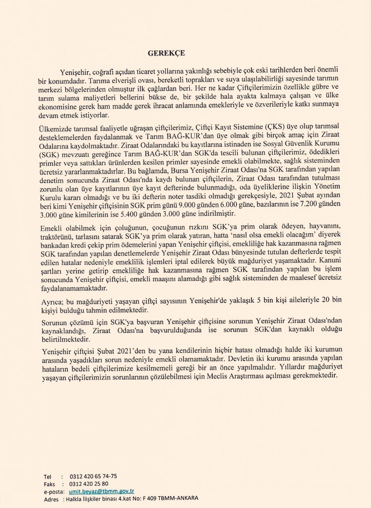 Bursa Milletvekilimiz Hasan Toktaş'ın 'Başta Bursa Yenişehir'de olmak üzere Çiftçi Kayıt Sistemi ve Ziraat Odalarında yaşanan sorunlar nedeniyle emeklilikte sorun yaşayan çiftçilerimizin mağduriyetlerinin giderilmesi' için Meclis Başkanlığına sunduğu önerge reddedilmiştir.