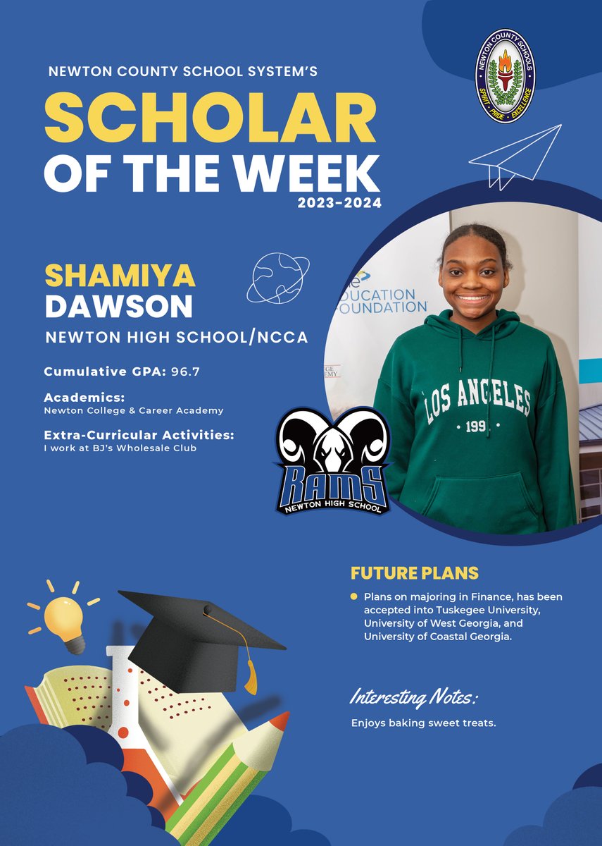 Congratulations to <a href="/Newton_High/">Newton High School</a> and <a href="/NCCA_Covington/">NCCA</a> senior, Shamiya Dawson--one of this week's NCSS Scholars of the Week! #SpiritPrideExcellence