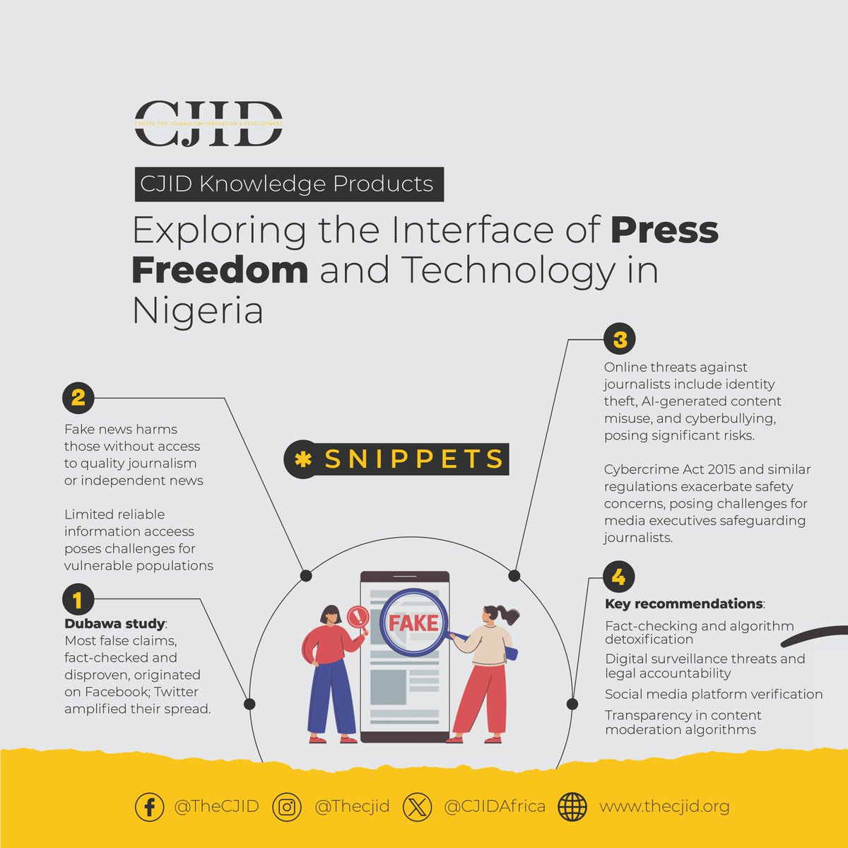 CJIDAfrica's tweet photo. How does the intersection of Press Freedom and Technology impact Nigeria?

Our latest report explores the dynamics between Press Freedom and Technology in Nigeria, and how these two components shape the media landscape in the country. #PressFreedom #CJIDKnowledgeProducts

Read all about it here: https://t.co/LG9IGrzRRN