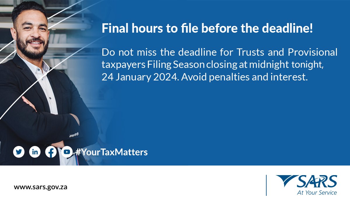 sarstax's tweet photo. Final hours before deadline!
Provisional Taxpayers and Trusts! Don't miss the deadline to file your income tax returns for the 2023 tax year before midnight tonight, Wednesday, 24 January 2024.
https://t.co/gnFbJxrWvn
#YourTaxMatters #FilingSeason2023