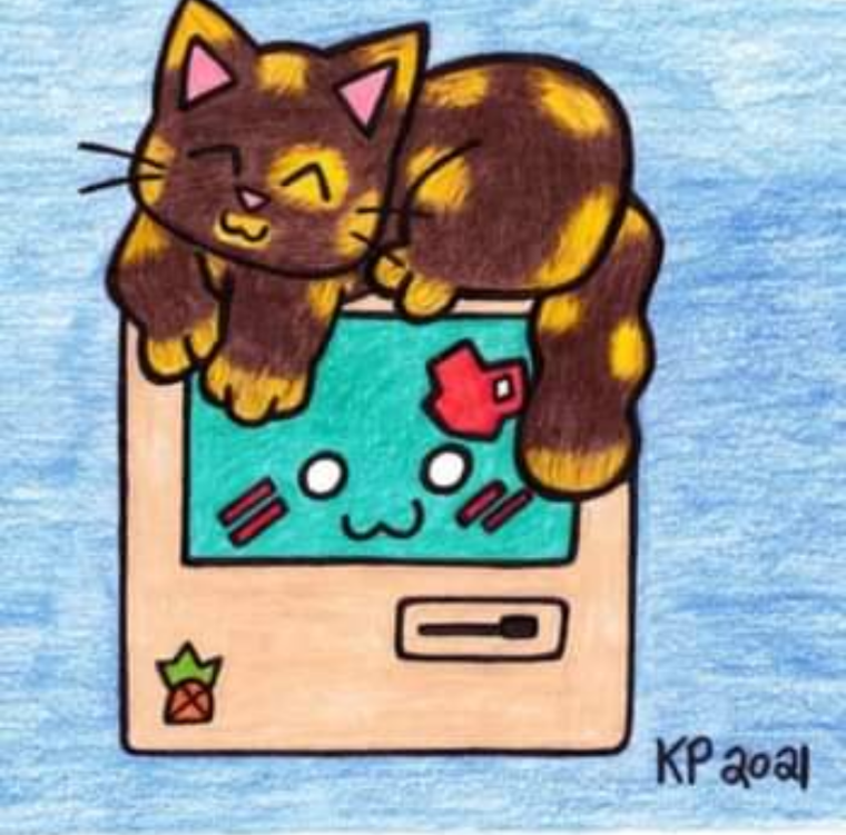 Alice Shows Old Mac New Love 
#MacintoshComputerDay 

In the days of flat screen tvs being a boxy shaped computer has it's perks. 
😺📦💾

#tortiecats #tortietude #Macintosh #owo #webcomics