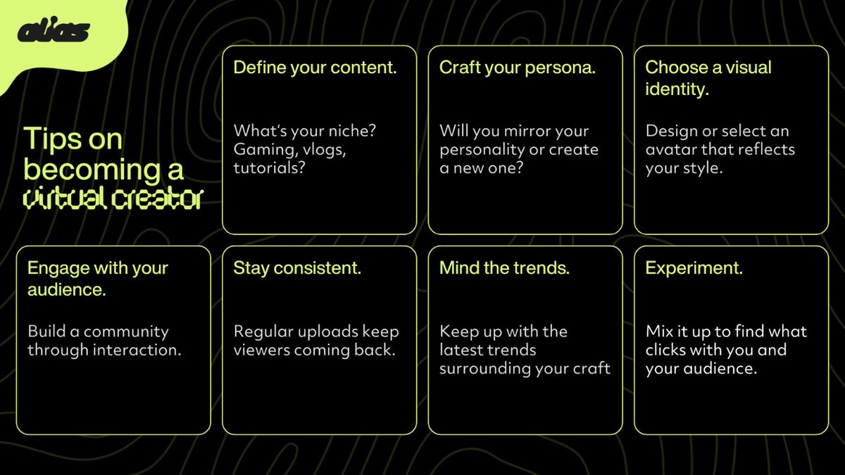 Thinking about becoming a virtual #contentcreator? Get started with these beginner tips👇

If you want to learn more, join our Discord and meet others just like you! 🔗 discord.gg/anXvFMJTA6 #virtualavatars #virtualcreator #vtuber