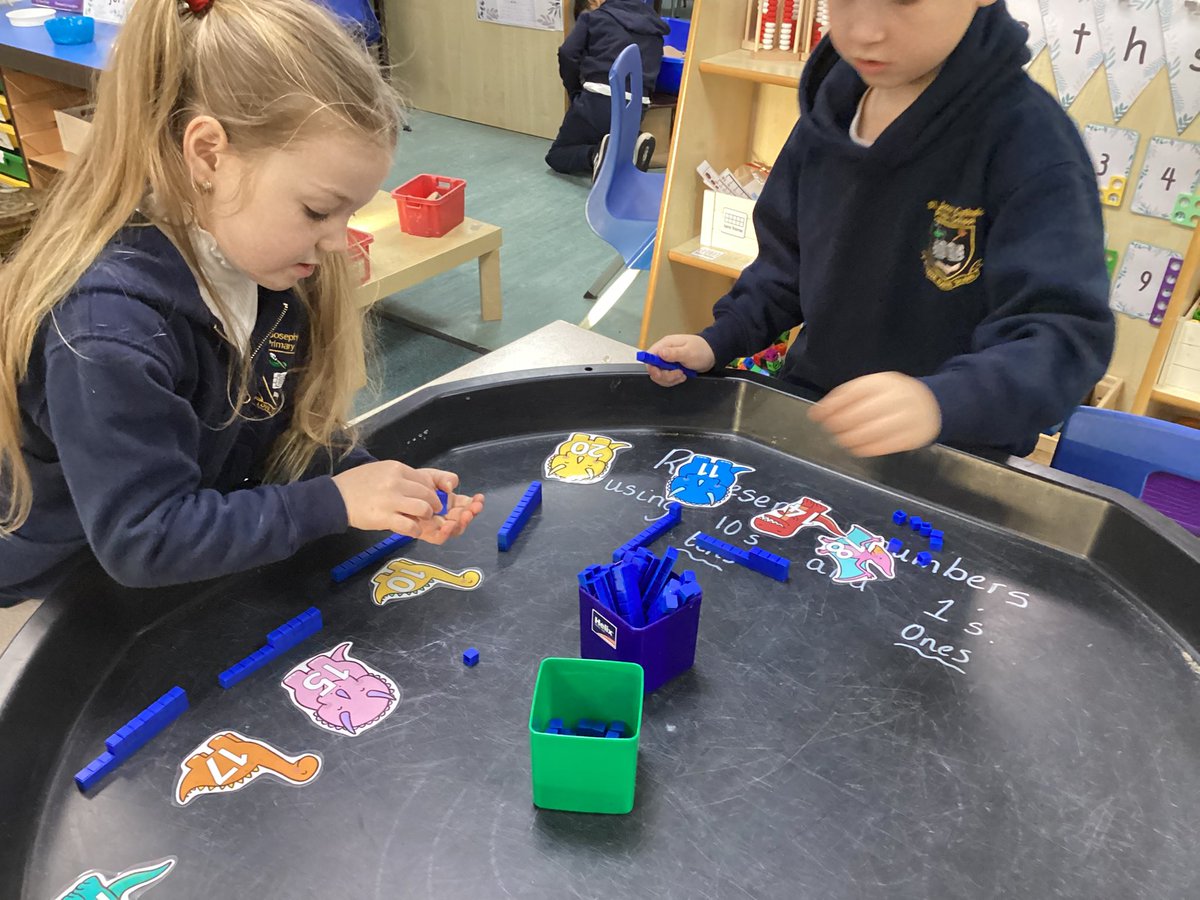 StJosephsBing's tweet photo. Year 1 have challenged themselves to represent numbers using tens and ones this morning. The dinosaurs gave us a helping hand when it came to number recongition to 20 too. @bcw_cat #SJBY1 #SJBMaths #SJBProvision https://t.co/CtoKdfr8I3