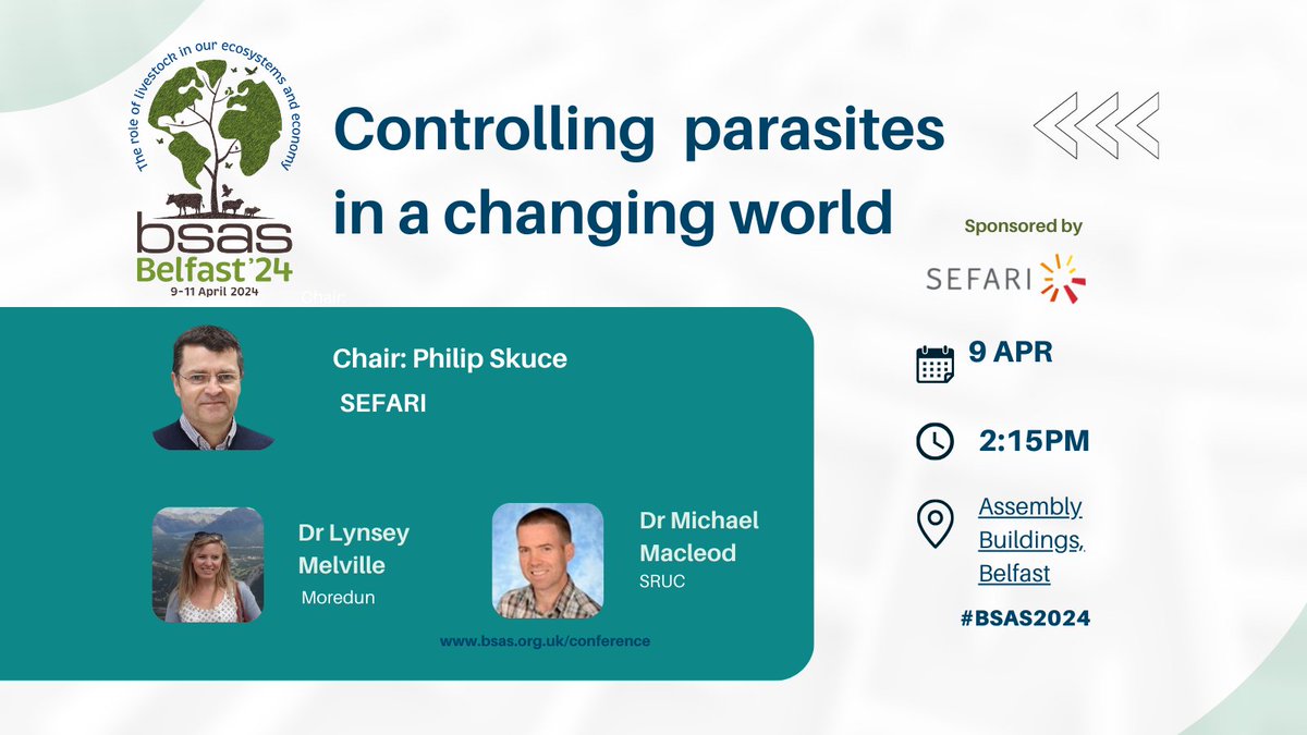 The #BSAS2024 'Controlling Parasites Sustainably in a Changing World' session will be chaired by Philip Skuce, @SEFARIscot. Philip will be joined a fantastic line-up of speakers including Dr. Lynsey Melville and Dr. Michael MacLeod. 👉🏻 bsas.org.uk/conference/ #parasites