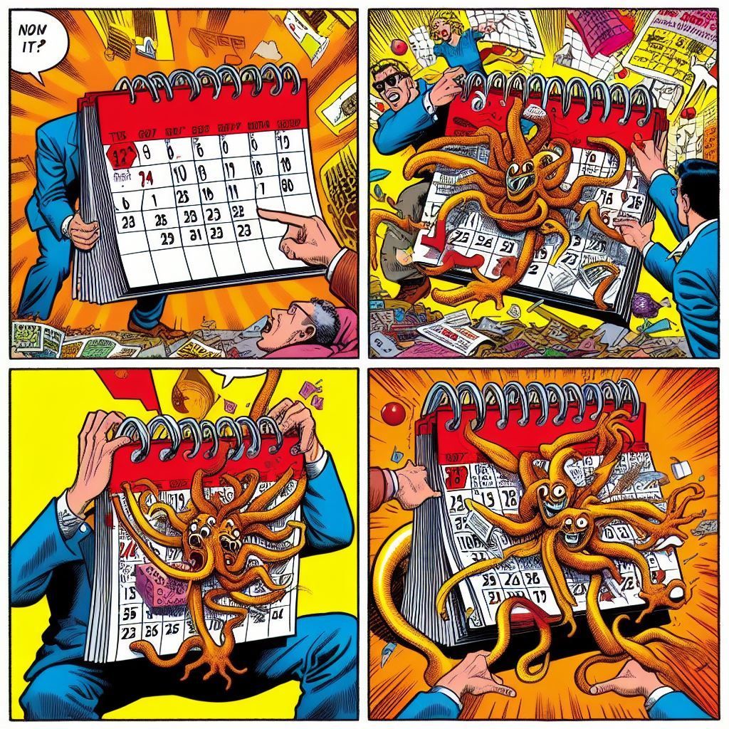 siteadvice's tweet photo. All the calendars are broken because mine are telling me that a month ago it was Christmas Eve and that seems highly implausible. 
I asked Bing AI to make me a picture of a calendar gone haywire in the style of comic book artist Robert Crumb. The results are... dark. https://t.co/pJGpx4Jm2B