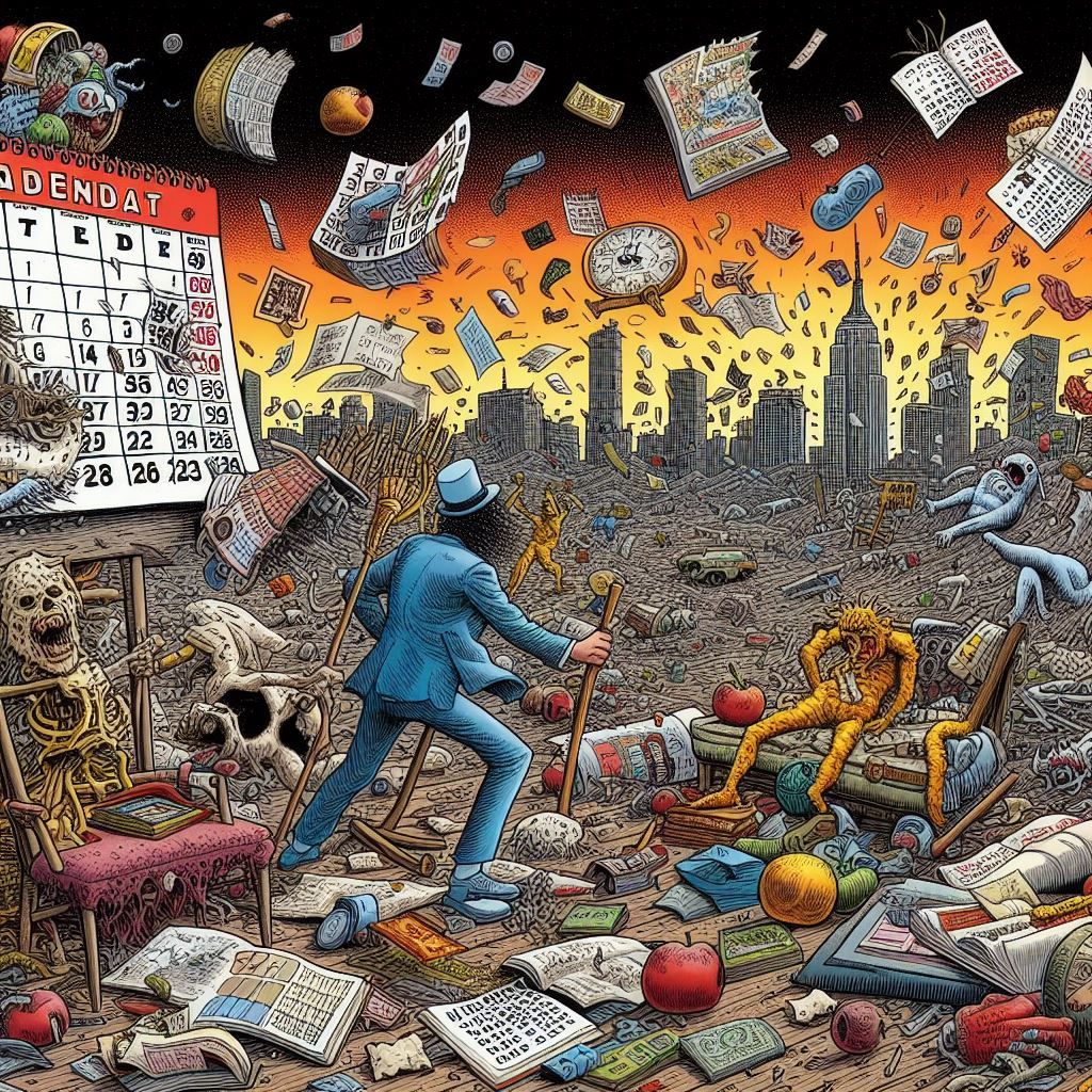 All the calendars are broken because mine are telling me that a month ago it was Christmas Eve and that seems highly implausible. 
I asked Bing AI to make me a picture of a calendar gone haywire in the style of comic book artist Robert Crumb. The results are... dark.
