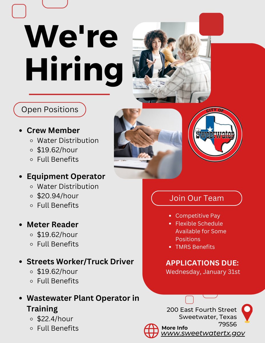 Are you looking to step into a new career? The City of Sweetwater has several full-time employment opportunities available. Applications are available on our website: sweetwatertx.gov
