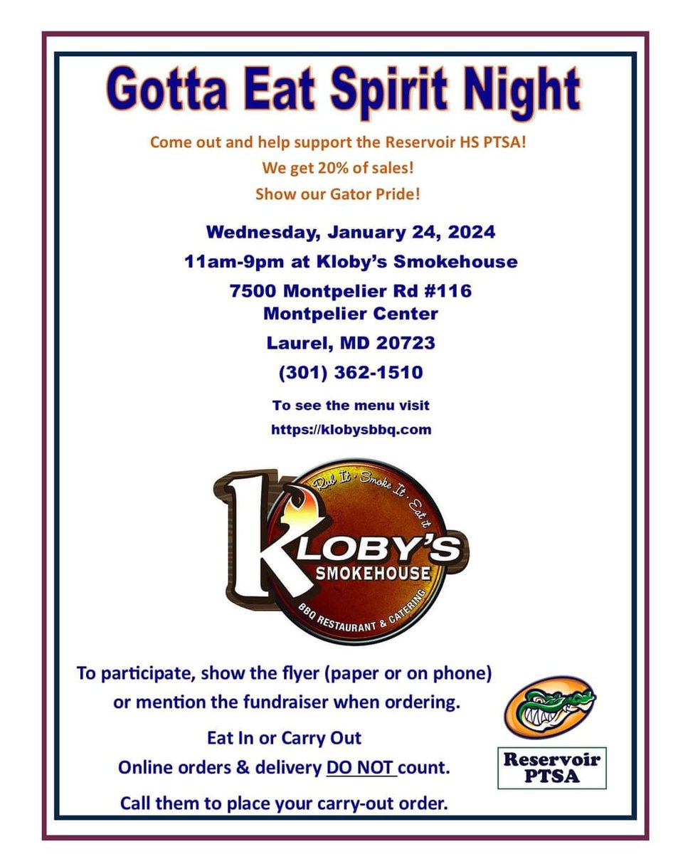 TODAY! ALL DAY!

Make sure to mention Reservoir fundraiser or show the flyer on your phone when ordering or picking up your food. 

IMPORTANT--Delivery and online orders DO NOT count. Call them to place your carry out order. 

klobysbbq.com 

<a href="/hcpss_rhs/">Reservoir HS</a> 
<a href="/klobysbbq/">Kloby's Smokehouse</a>