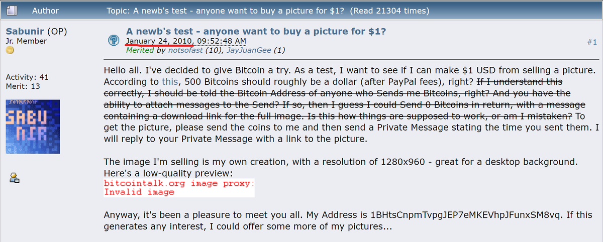 CoinCorner's tweet photo. 14 years ago, the first item ever was listed for #Bitcoin 

It was a photo in exchange for 500 BTC 🤯 https://t.co/sptVqmNk0f