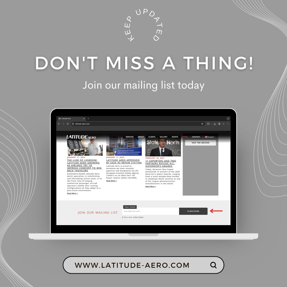 ✈️ Stay in the loop with all things Latitude Aero! 🌐 Subscribe to our #newsletter and be the first to know about exciting activities, events, and updates. 📬 Don't miss out – sign up now at latitude-aero.com! #LatitudeAero #StayInformed #SubscribeNow #Aviation…