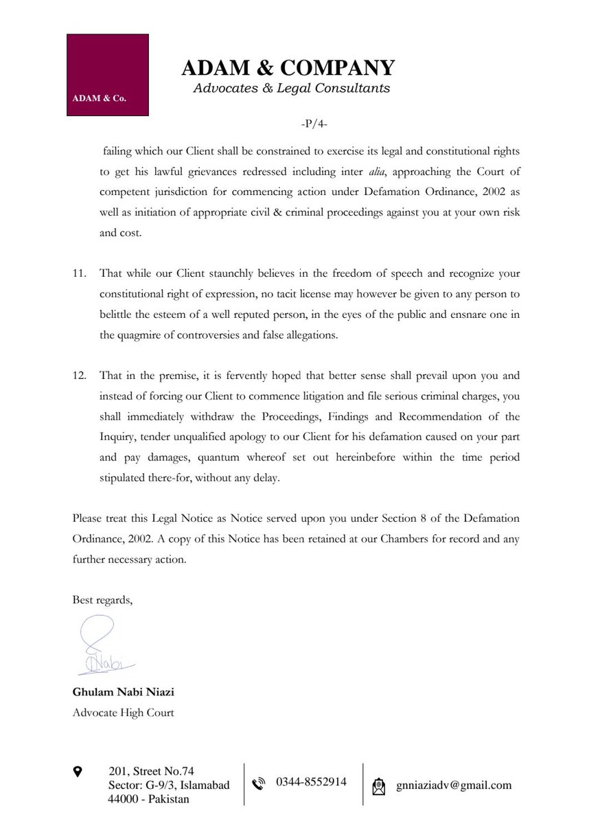 Legal Notice! 

Legal notice  have been served on PCB MC Chairman Zaka Ashraf, PCB, Inquiry Committee comprising Dr Barkat Memon, Junaid Zia, Bilal Hanif, complainant Amir Nawab, Junaid Akhtar, members of Management Committee, PCB and Mirza Iqbal Baig and calling upon them: 
> To