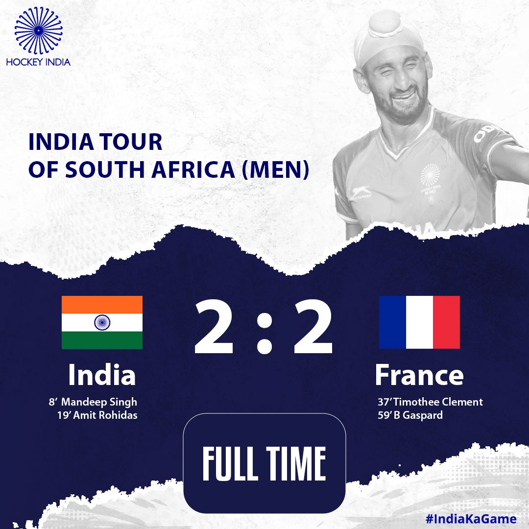 TheHockeyIndia's tweet photo. It's a Draw๐ค
The final whistle blows, and it's a hard-fought draw at 2-2.
Full-time:
India ๐ฎ๐ณ 2 - France ๐ซ๐ท 2
Goal Scorers:
8' Mandeep
19' Amit
37' Timothee Clement
59' B Gaspard
#SATour #HockeyIndia #IndiaKaGame
.
.
.
.
@CMO_Odisha @sports_odisha @Media_SAI @IndiaSports https://t.co/ot5sXBnSBE