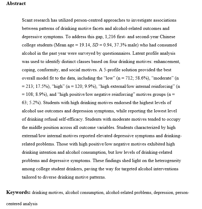 “Heterogeneity in Drinking Motives among College Student Drinkers: A Latent Profile Analysis” by Mi Liu (@StudyatZJNU), Jianyong Chen, Ting Su, & Yingxiu Chen #accepted