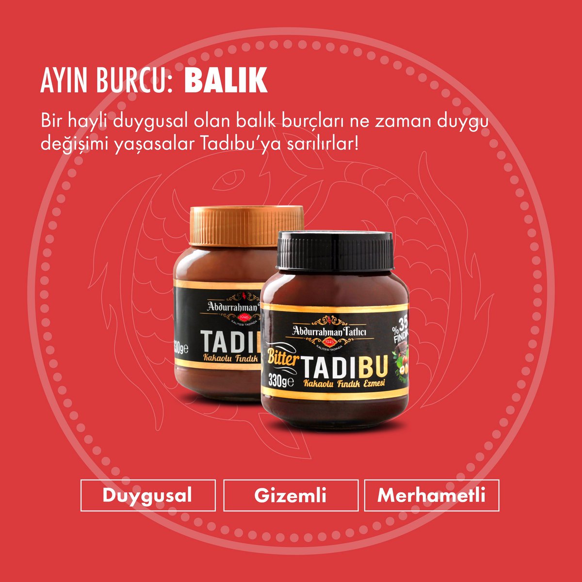 Tadibuofficial's tweet photo. Merhametleriyle bilinen balık burçları aynı zamanda gizemli oluşlarıyla merak uyandırırlar. Arkadaşları ve aileleri tarafından çok sevilen bu burç grubu duygusal yönleriyle de ön plandadırlar. Duygusal olan balık burçları ne zaman duygu değişimi yaşasalar Tadıbu’ya sarılırlar! https://t.co/i6PC2WwOLd