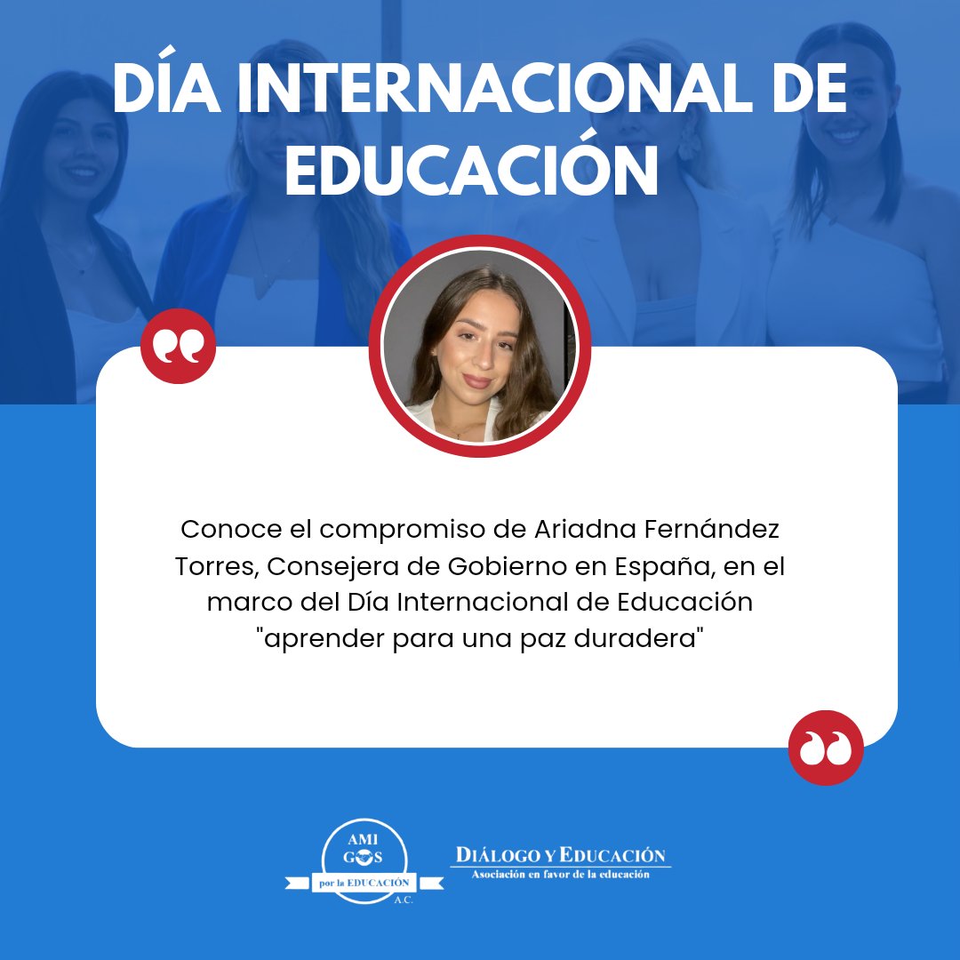 En el #DiaInternacionalDeLaEducacion nos sumamos al compromiso de <a href="/UNESCO_es/">UNESCO en español 🏛️#Educación #Ciencia #Cultura</a> en "aprender para una paz duradera".

Conoce el compromiso de nuestra Consejera de Gobierno en #España 🇪🇦 <a href="/Ariadna032/">Ari</a> en 👇
drive.google.com/file/d/1P4Zrpv…