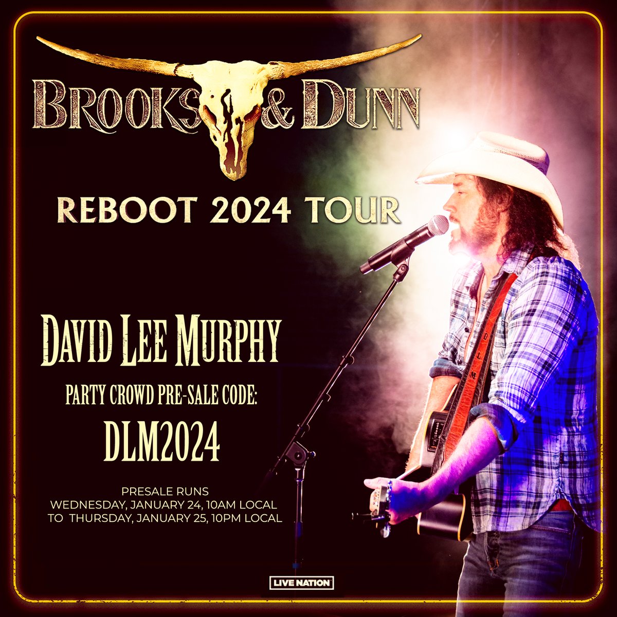 'This is gonna be a freakin' blast!' - David Lee Murphy The Party Crowd Pre-Sale is ON starting TODAY 1/24 at 10am local time through tomorrow 1/25 10pm local time. Use the code DLM2024 for presale tickets. Check out the city/date/ticket info on the tour schedule at