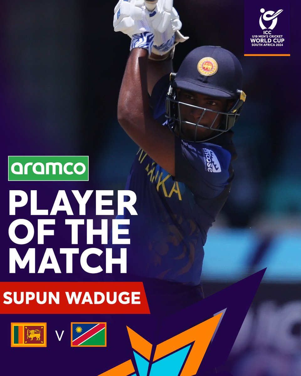 ICC's tweet photo. A gritty 56* on a tough wicket helps Supun Waduge win the @aramco #POTM ๐
#U19WorldCup #SLvNAM https://t.co/RYfQqEK5KV