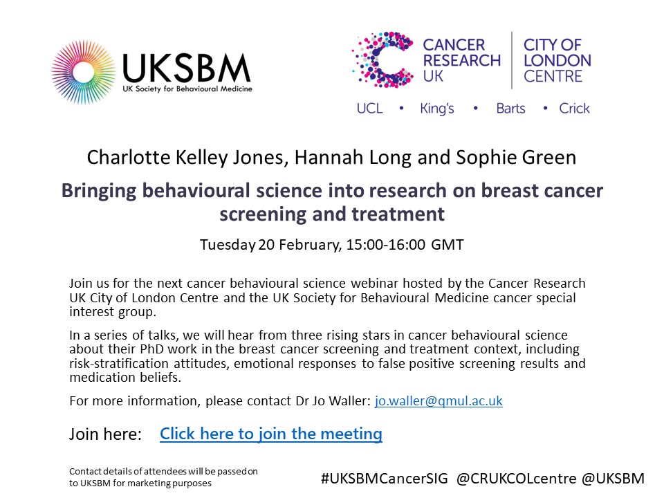 The next #UKSBMCancerSIG webinar is at 3pm on 20 Feb with talks from @Charlot68880634 @hannahlong_dr and @SophieGreen_96 Email me for the Teams invite or use the link below @UKSBM @CRUKCOLcentre @QMUL_WIPH @UCL_BSH